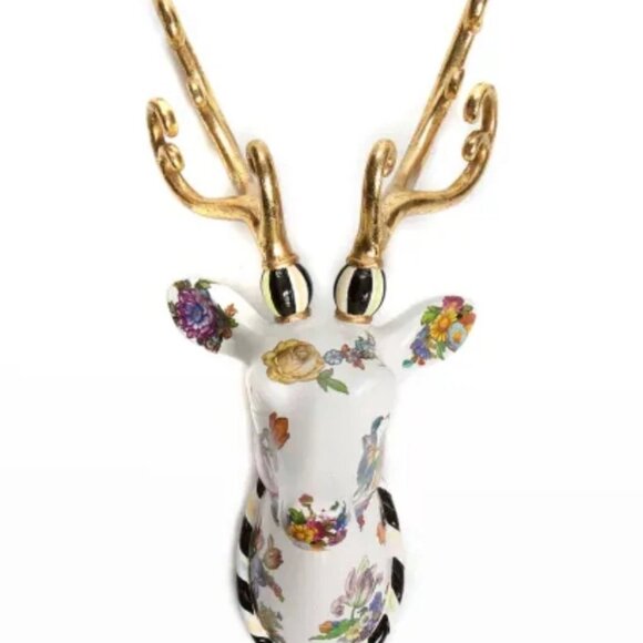 MACKENZIE CHILDS WHITE Courtly Check FLOWER MARKET DEER HOOK HANGER - Picture 1 of 16